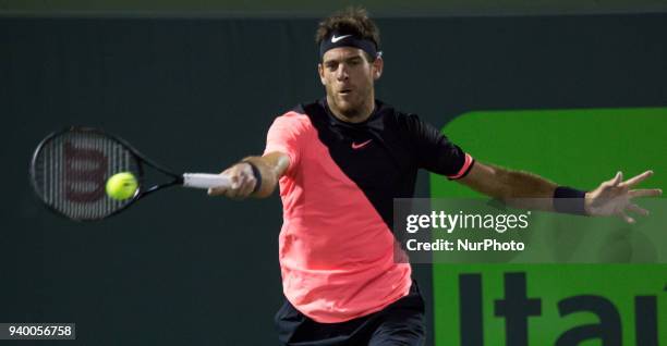 Juan Martin Del Potro, from Argentina, in action against Milos Raonic, from Canada, during his quarter final match at the Miami Open. Del Potro...