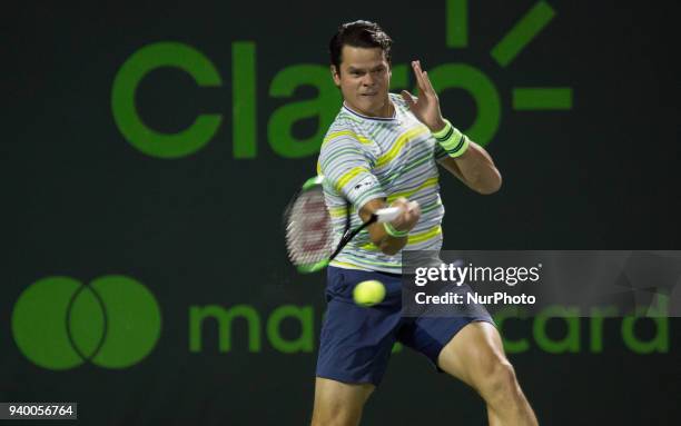 Milos Raonic, from Canada, in action against Juan Martin Del Potro, from Argentina, during his quarter final match at the Miami Open. Del Potro...