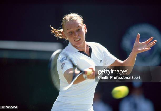 Barbara Schett of Austria in action during the Wimbledon Lawn Tennis Championships at the All England Lawn Tennis and Croquet Club, circa June, 2001...