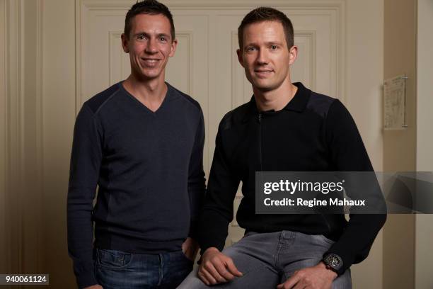 Rally drivers Sebastien Ogier and Julien Ingrassia are photographed for Paris Match on December 2017 in Paris, France.