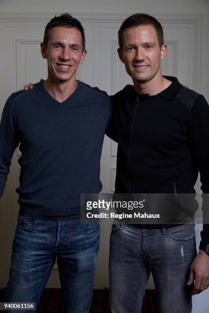 Rally drivers Sebastien Ogier and Julien Ingrassia are photographed for Paris Match on December 2017 in Paris, France.