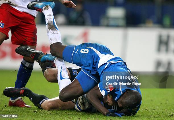 Goalkeeper Frank Rost of Hamburg saves the ball against Demba Ba of Hoffenheim during the Bundesliga match between Hamburger SV and 1899 Hoffenheim...