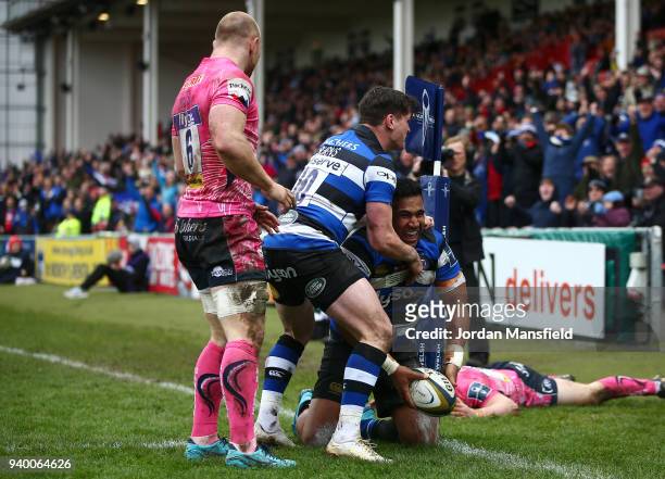 Cooper Vuna of Bath celebrates scoring a try during the Anglo-Welsh Cup Final between Bath Rugby and Exeter Chiefs at Kingsholm Stadium on March 30,...