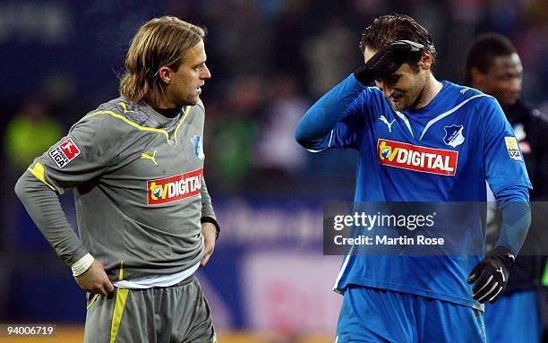 Goalkeeper Timo Hildebrand of Hoffenheim and Josip Simunic talks to each other after the Bundesliga match between Hamburger SV and 1899 Hoffenheim at...