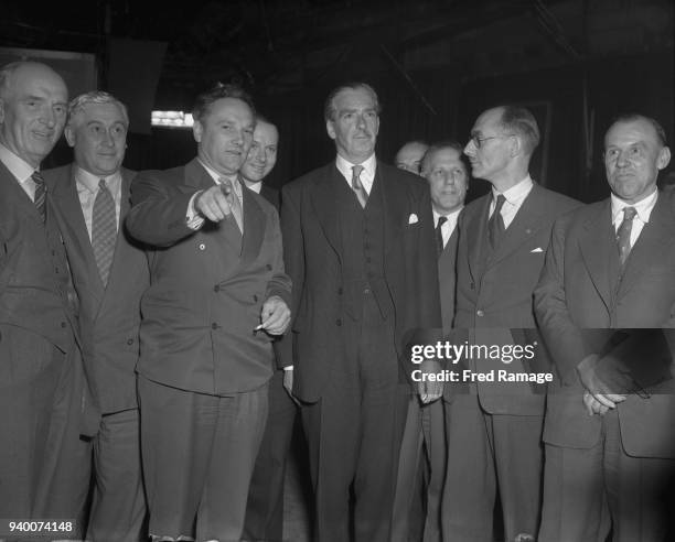 British Prime Minister Sir Anthony Eden presides at the second Conservative Party Political Television Election Broadcast at Lime Grove Studio in...