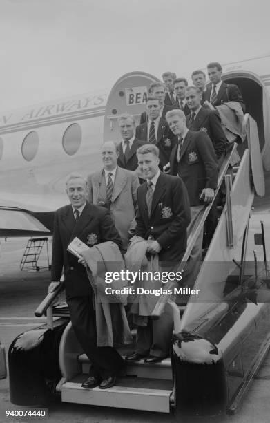 Manager Stan Cullis leaves London Airport with eleven members of the Wolverhampton Wanderers team for several matches against Russian teams Spartak...