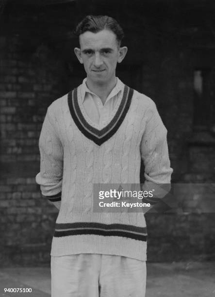 English cricketer Alec Coxon , the Yorkshire CCC bowler, during a match against Lancashire at Old Trafford in Manchester, UK, circa 1945.