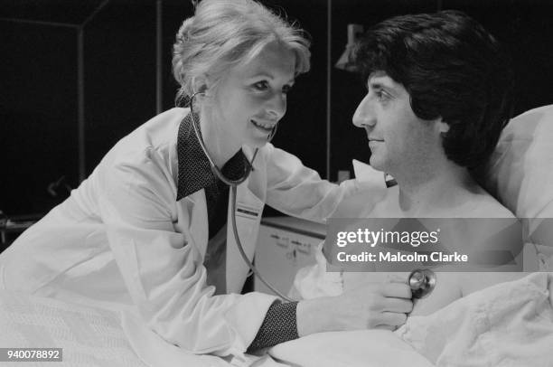 Actors Jane Asher as Dr Clair Scott and Tom Conti as Ken Harrison during a rehearsal for the play 'Whose Life Is It Anyway?' by Brian Clark at the...