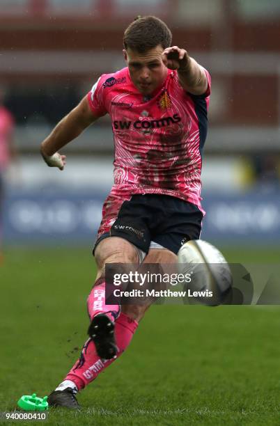 Joe Simmonds of Exeter Chiefs kicks a conversion during the Anglo-Welsh Cup Final between Bath Rugby and Exeter Chiefs at Kingsholm Stadium on March...