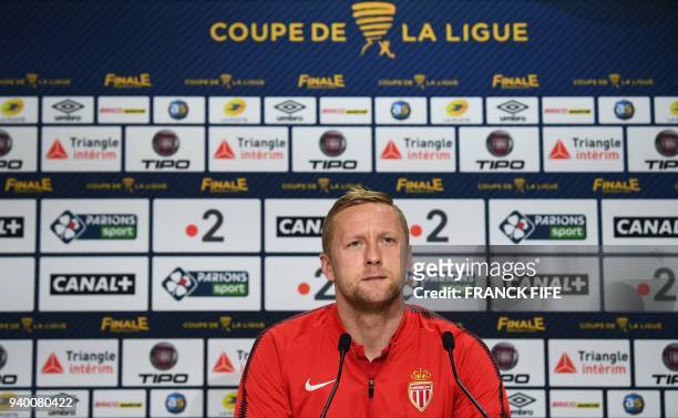 Monaco's Polish defender Kamil Glik looks on during a press conference on March 30, 2018 at the Matmut Atlantique Stadium in Bordeaux, southwestern...