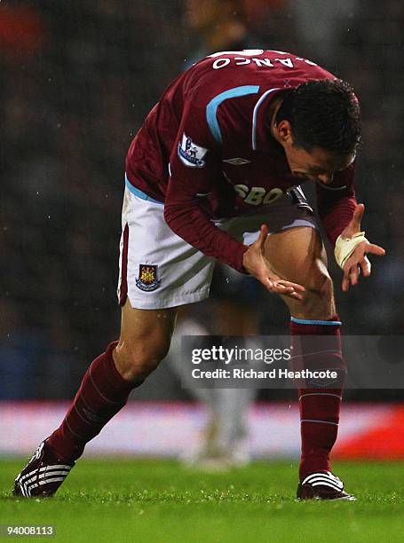 Guillermo Franco of West Ham United reacts during the Barclays Premier League match between West Ham United and Manchester United at Upton Park on...