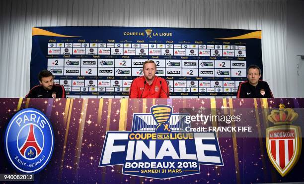 Monaco's Polish defender Kamil Glik speaks during a press conference on March 30, 2018 at the Matmut Atlantique Stadium in Bordeaux, southwestern...