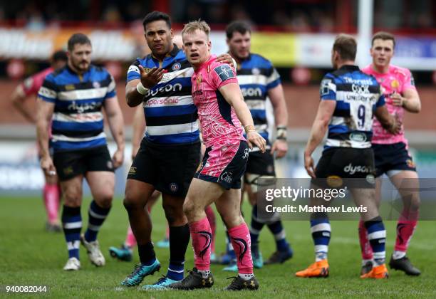 Cooper Vuna of Bath and Stuart Townsend of Exeter Chiefs react during the Anglo-Welsh Cup Final between Bath Rugby and Exeter Chiefs at Kingsholm...