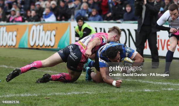 Bath's Cooper Vuna scores a try during the Anglo-Welsh Cup Final at Kingsholm, Gloucester.
