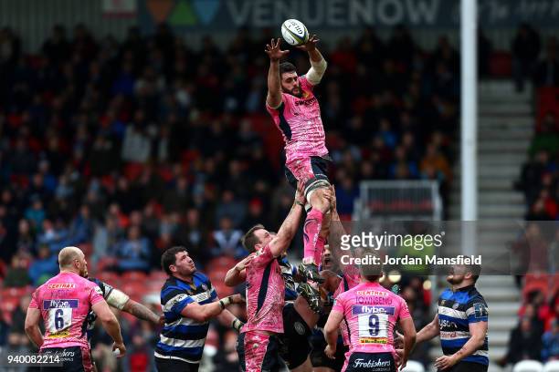 Dave Dennis of Exeter Chiefs wins the line out during the Anglo-Welsh Cup Final between Bath Rugby and Exeter Chiefs at Kingsholm Stadium on March...