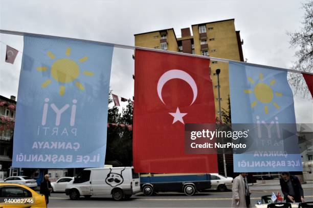 Party flags and a Turkish flag are displayed as Turkey's opposition IYI Party holds a 'Communicate Together' event to help people's problems in...