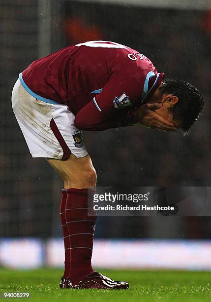 Guillermo Franco of West Ham United reacts during the Barclays Premier League match between West Ham United and Manchester United at Upton Park on...