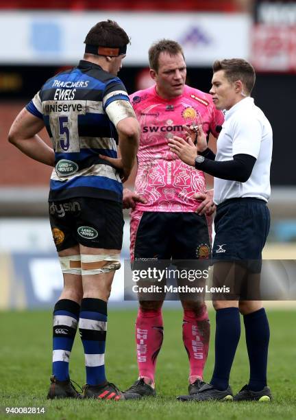 Charlie Ewels of Bath and Kai Horstmann of Exeter Chiefs speak with the referee during the Anglo-Welsh Cup Final between Bath Rugby and Exeter Chiefs...