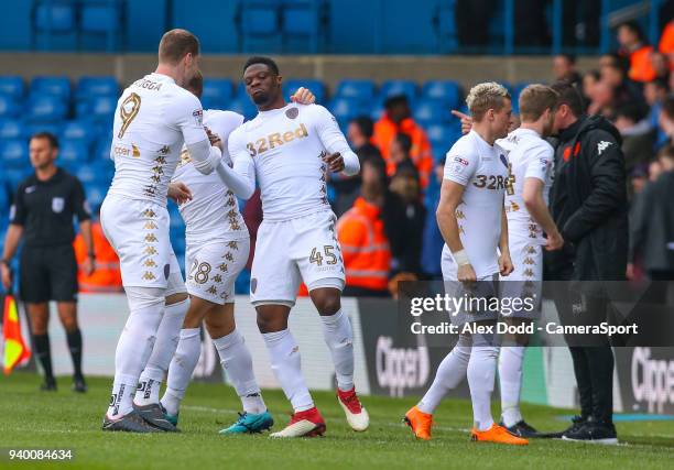 Leeds United's Caleb Ekuban celebrates scoring the opening goal during the Sky Bet Championship match between Leeds United and Bolton Wanderers at...