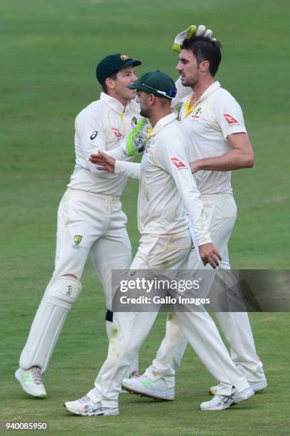Pat Cummins of Australia celebrates the wicket of Aiden Markram of the Proteas during day 1 of the 4th Sunfoil Test match between South Africa and...