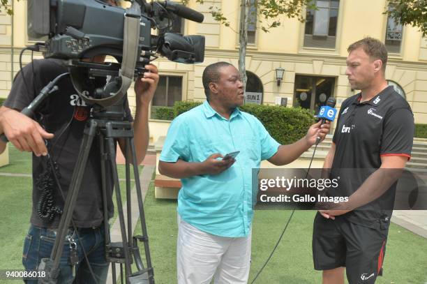 Wyatt Crockett of Crusaders speak to ENCA sports reporter Timothy Sibanda during the Crusaders Press Conference at Southern Sun Montecasino on March...