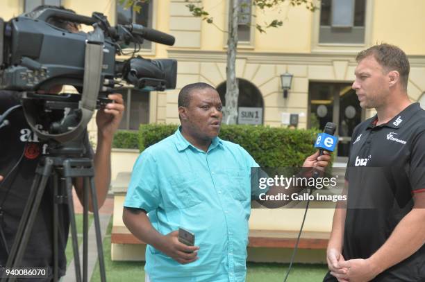 Wyatt Crockett of Crusaders speak to ENCA sports reporter Timothy Sibanda during the Crusaders Press Conference at Southern Sun Montecasino on March...