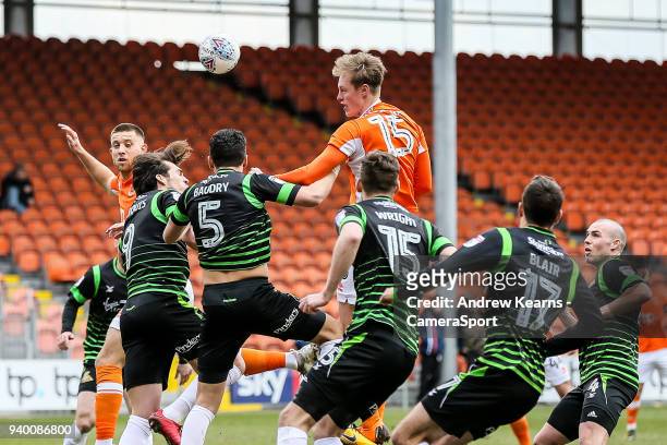 Blackpool's Sean Longstaff competing in the air during the Sky Bet League One match between Blackpool and Doncaster Rovers at Bloomfield Road on...