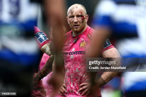 Matt Kvesic of Exeter Chiefs looks on during the Anglo-Welsh Cup Final between Bath Rugby and Exeter Chiefs at Kingsholm Stadium on March 30, 2018 in...