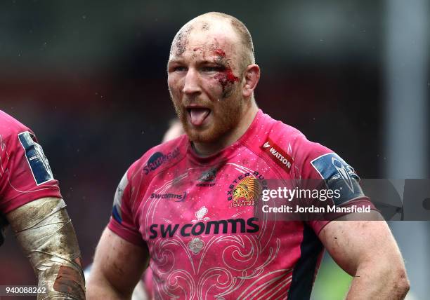 Matt Kvesic of Exeter Chiefs looks on during the Anglo-Welsh Cup Final between Bath Rugby and Exeter Chiefs at Kingsholm Stadium on March 30, 2018 in...