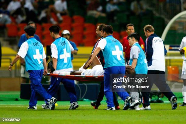 Patrick Vieira of France leave the pitch injured during the World Cup match between France and Uruguay on 6th June 2002 at Asiad Main Stadium, Busan,...