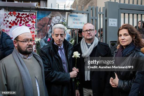An imam, a rabbi and a priest and the Israeli Ambassador to France, Aliza Bin Noun, at the Silent March In Memory Of Mireille Knoll who survived the...