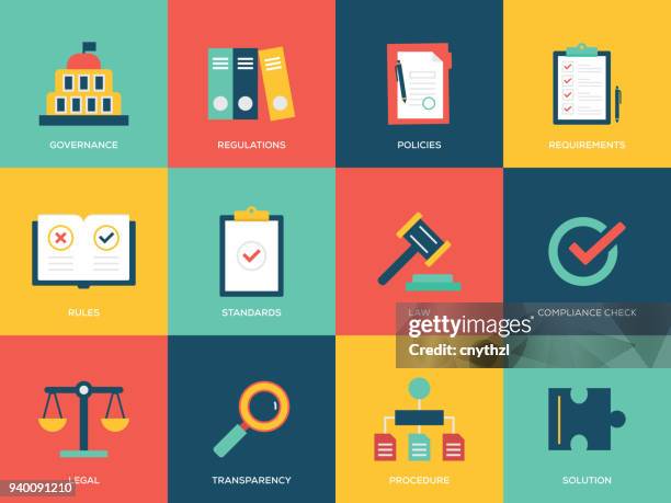 ilustrações de stock, clip art, desenhos animados e ícones de compliance flat icons set - work routine