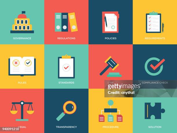 compliance flat icons set - conformity stock illustrations