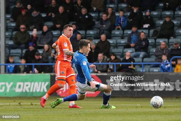 Nathan Thomas of Shrewsbury Town scores a goal to make it 1-0 during the Sky Bet League One match between Rochdale and Shrewsbury Town at Spotland...