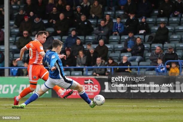 Nathan Thomas of Shrewsbury Town scores a goal to make it 1-0 during the Sky Bet League One match between Rochdale and Shrewsbury Town at Spotland...