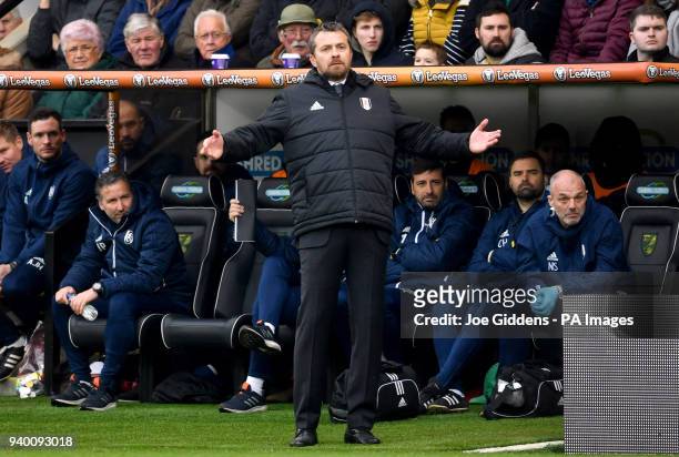 Fulham manager Slavisa Jokanovic gestures on the touchline during the Sky Bet Championship match at Carrow Road, Norwich.