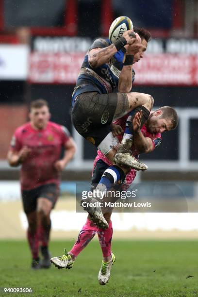 James Wilson of Bath and Santiago Cordero of Exeter Chiefs compete for the ball during the Anglo-Welsh Cup Final between Bath Rugby and Exeter Chiefs...