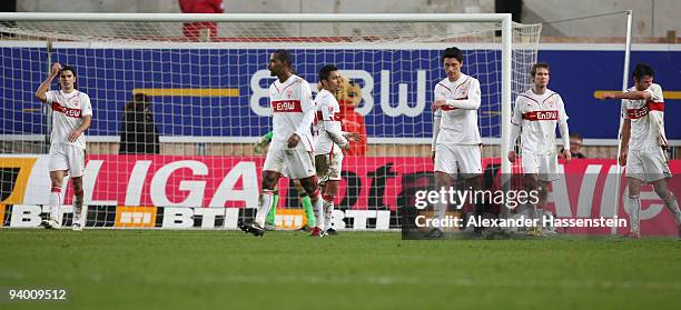 Serdar Tasci, Cacau, Elson, Ciprian Marica, Aliaksandr Hleb and Christian Traesch of Stuttgart looking dejected after receiving the first goal during...