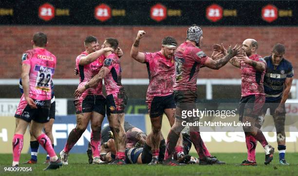Exeter Chiefs players celebrate after winning the Anglo-Welsh Cup Final between Bath Rugby and Exeter Chiefs at Kingsholm Stadium on March 30, 2018...