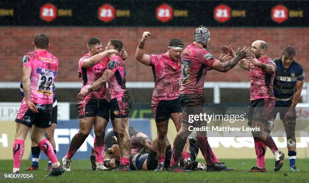 Exeter Chiefs players celebrate after winning the Anglo-Welsh Cup Final between Bath Rugby and Exeter Chiefs at Kingsholm Stadium on March 30, 2018...