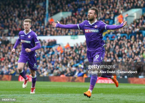 Bolton Wanderers' Adam Le Fondre celebrates scoring his side's first goal during the Sky Bet Championship match between Leeds United and Bolton...