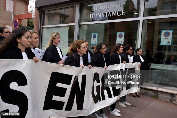 Lawyers and judges in front of the Court of First Instance of Toulouse which is supposed to close. The French Bar Association, all lawyers' unions,...