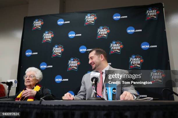 Loyola Ramblers team chaplain Sister Jean Dolores-Schmidt speaks to the media before the 2018 Men's NCAA Final Four at the Alamodome on March 30,...