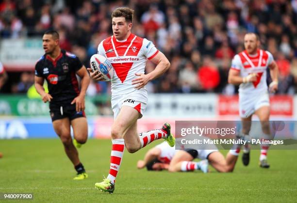 St Helens' Mark Percival attacks during the Super League match at the Totally Wicked Stadium, St Helens.