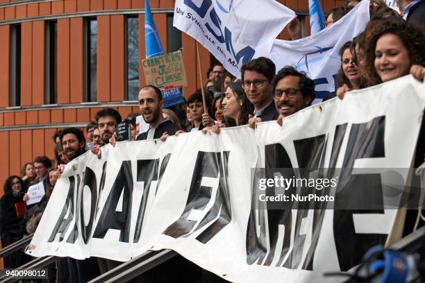 Lawyers in front of the Courthouse of Toulouse with a banner reading 'Lawyers on strike'. The French Bar Association, all lawyers' unions, all...