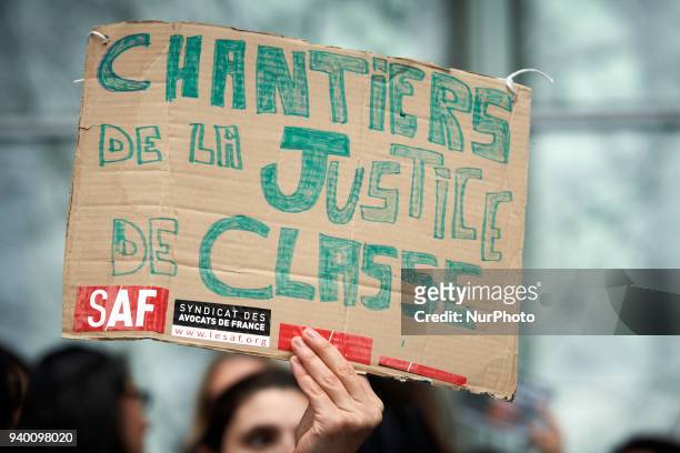 Lawyer brandishes a placard reading 'Work site of Class Justice'. The French Bar Association, all lawyers' unions, all magistrates' unions called all...