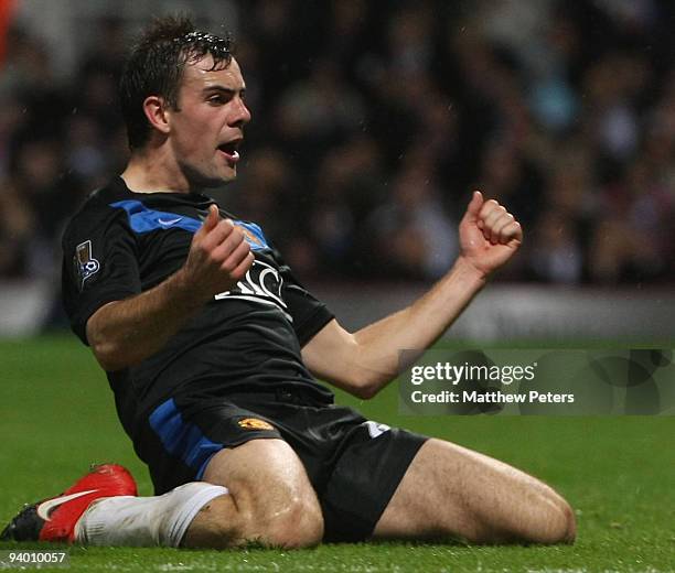 Darron Gibson of Manchester United celebrates scoring their second goal during the FA Barclays Premier League match between West Ham United and...