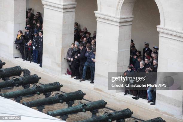 The public attends a national tribute to Colonel Arnaud Beltrame at Hotel des Invalides on March 28, 2018 in Paris, France. The French police officer...