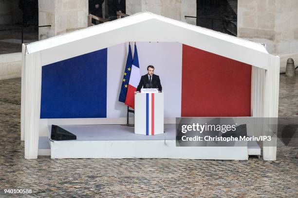 President of the Republic Emmanuel Macron delivers his speech during the national tribute to Colonel Arnaud Beltrame at Hotel des Invalides on March...