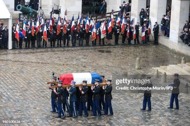 Coffin's arrival at the national tribute to Colonel Arnaud Beltrame at Hotel des Invalides on March 28, 2018 in Paris, France. The French police...